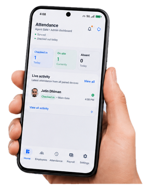AttendGate Admin dashboard shown on an Android phone