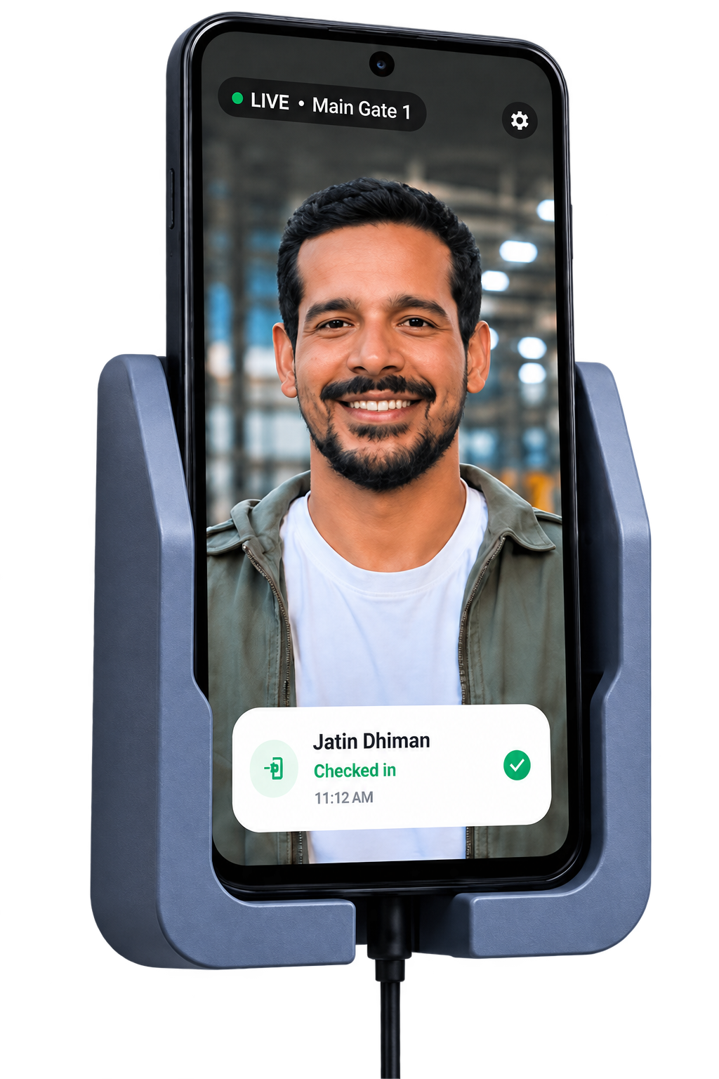 AttendGate Android phone running as a face-attendance kiosk