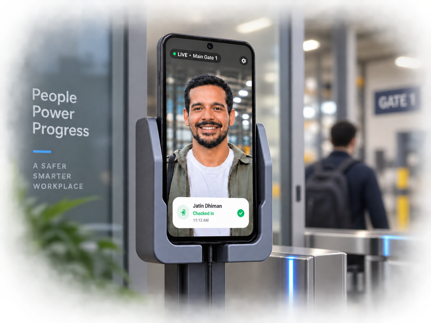 AttendGate Android face-attendance kiosk installed at a workplace entrance
