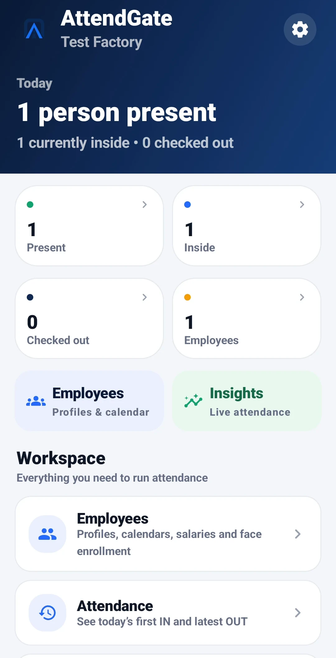 AttendGate admin phone showing dashboard